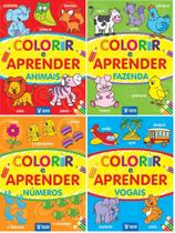 Coleção c/4 cartilhas colorir e aprender - vogais, animais, números e fazenda