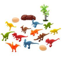 Coleção com 12 Dinossauros Jurássicos Com 2 Ovos Árvore e Rocha