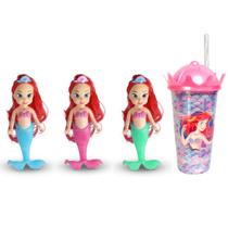 Coleção com 3 Boneca Sereia com Luz na Cauda e Copo Pequena Sereia