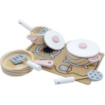 Coleção Comidinhas - Conjunto Panelas e Cooktop Rosa - Madeira - 403 - New Art