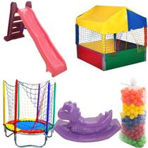 Coleção Escorregador GRANDE 4 degraus + Pula Pula Lona Preta Infantil 1,40 + Piscina Casinha 1,5 + 1000 BOLAS + Gangorra Dino Rex - Variação Rosa