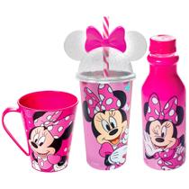 Coleção Meninas Minnie Rosa Caneca com Alça Copo com Canudo e Orelhas e Garrafa