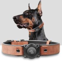 Coleira AirTag para cães Coleira de couro para cães com porta-etiquetas pneumáticas IPX8 à prova d'água, refletiva, de alta qualidade, ajustável e acolchoada Coleiras rastreadoras GPS para cães de médio porte (marrom mogno, M)