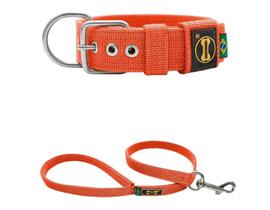 Coleira Cachorro Grande Pit Bull Fit Laranja G + Guia 80Cm