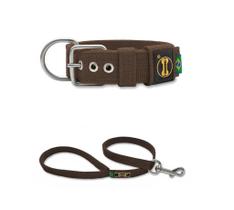 Coleira Cachorro Grande Pit Bull Fit Marrom Pp + Guia 80Cm