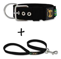 Coleira Cachorro Grande Pit Bull + Guia 80cm (preto) Fit
