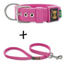 Coleira Cachorro Grande Pit Bull + Guia 80cm (rosa) Fit