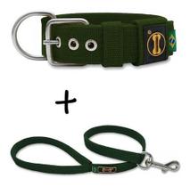 Coleira Cachorro Grande Pit Bull + Guia 80cm (verde militar)