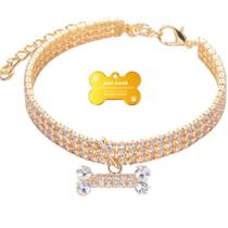 Coleira Gato Cachorro Placa Nome Tel Laser Strass Dourada