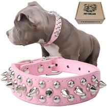 Coleira para cães TEEMERRYCA de couro ajustável com pontas cravejada rosa S