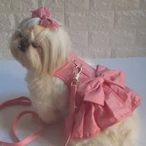 coleira para pet cachorro peitoral vestido roupa roupinha e guia rosa poa porte pequeno medio