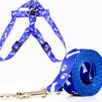 Coleira Pet Cachorro Cães Peitoral Ajustável C/ Guia Azul
