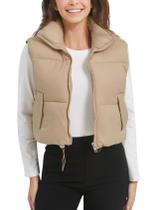 Colete acolchoado feminino Flygo Cropped, de inverno, cáqui