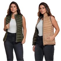 Colete Acolchoado Puffer Feminino Dupla Face c/ Ziper COR:VERDE MILITAR-CAQUITAMANHO:P