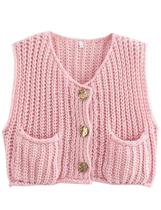 Colete AICHARMWA Chunky Knit Crochet Button Down rosa para mulheres