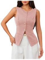 Colete, blazer sem mangas, bainha dividida, botão, rosa L Colete, blazer sem mangas, bainha dividida, botão, rosa L