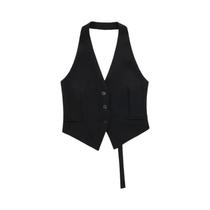 Colete Cropped Sem Mangas Preto E Branco Para Mulheres, Top De Moda Halter Colete Cropped Sem Mangas Preto E Branco Para Mulheres, Top De Moda Halter