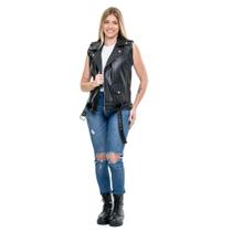 Colete de couro bovino estilo biker motoqueira feminina