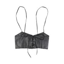 Colete de couro feminino elegante com cintura elástica e decoração de camisa