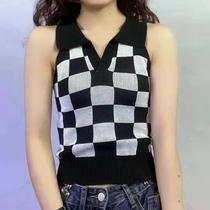 Colete De Malha Sem Mangas Com Estampa De Xadrez Para Mulheres, Estilo Y2K, Estética Dos Anos 90