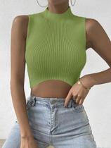 Colete De Suéter Cropped Sem Mangas Com Gola Alta Em Tricô Para Mulheres, Look Básico De Verão Para