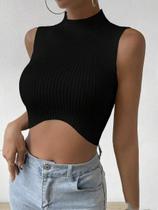 Colete De Suéter Cropped Sem Mangas Com Gola Alta Em Tricô Para Mulheres, Look Básico De Verão Para