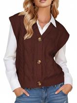 Colete de suéter feminino EXLURA, decote em V, robusto, tricotado