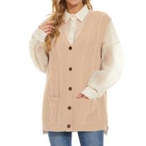 Colete de suéter feminino longo Hyipels tricotado com decote em V solto