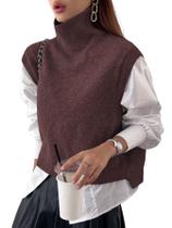 Colete de suéter feminino Naileksi, gola alta, curto, algodão marrom Colete de suéter feminino Naileksi, gola alta, curto, algodão marrom