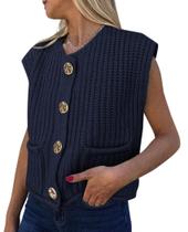 Colete de suéter feminino PRETTYGARDEN de malha grossa azul marinho XXL Colete de suéter feminino PRETTYGARDEN de malha grossa azul marinho XXL