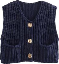 Colete de suéter Himosyber Chunky Knit Crochet azul marinho para mulheres