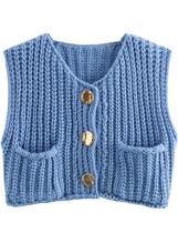 Colete de suéter Hvewarm Chunky Knit Button Down Crop feminino azul