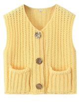 Colete de suéter WROLEM Crochet Knit Up Vintage Amarelo Claro