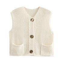 Colete De Tricô Vintage Feminino Com Decote Redondo E Botões, Top Casual Chic Com Bolsos Colete De Tricô Vintage Feminino Com Decote Redondo E Botões, Top Casual Chic Com Bolsos