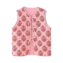 Colete Feminino Acolchoado De Algodão Com Estampa Floral, Gola O Doce, Laço E Amarração Estilo