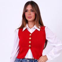 Colete Feminino Cropped Tricot com Botões Dourados Casual Chic