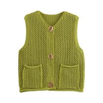 Colete Feminino Cropped Vintage de Malha - Sem Mangas, Gola Redonda e Bolsos