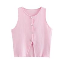 Colete Feminino Curto Sem Mangas com Gola Redonda e Botões de Strass