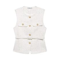 Colete Feminino De Tweed Com Cinto, Decote Redondo, Sem Mangas, Elegante Para Escritório, Primavera