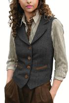 Colete feminino DRAHANCE, tweed, lapela, sem mangas, cinza escuro Colete feminino DRAHANCE, tweed, lapela, sem mangas, cinza escuro