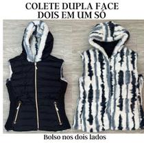 Colete Feminino Dupla Face Pelinho com Bolso e Capuz Outono Inverno