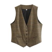 Colete Feminino Elegante Com Decote Em V, Sem Mangas, Estampa Pied-de-Poule E Botões Frontais Colete Feminino Elegante Com Decote Em V, Sem Mangas, Estampa Pied-de-Poule E Botões Frontais