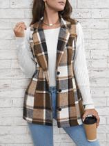 Colete Feminino Elegante Xadrez Multicolorido Com Lapela E Abotoamento Simples Para O Dia a Dia