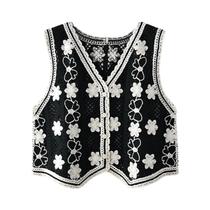 Colete Feminino Floral De Crochê Sem Mangas, Estilo Vintage Transparente Com Botões Frontais, - Fictitni