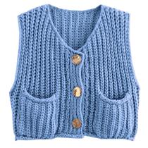 Colete feminino Flygo Chunky Crochet Button, azul, tamanho M Colete feminino Flygo Chunky Crochet Button, azul, tamanho M