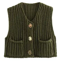 Colete feminino Flygo Chunky Crochet Button Cardigan Army