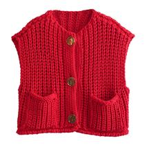 Colete feminino Flygo Chunky Crochet Button vermelho 2024 Colete feminino Flygo Chunky Crochet Button vermelho 2024