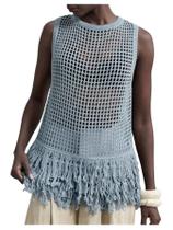 Colete feminino Milumia Hollow Out Fringe azul claro Colete feminino Milumia Hollow Out Fringe azul claro