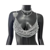 Colete Feminino Prateado Com Corrente Corporal E Pérolas Brancas Em Camadas, Alças De Metal Modernas