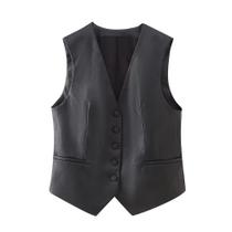 Colete Feminino Preto Com Decote Em V Botão Imitação De Couro Corte Outono Inverno Casual Versátil